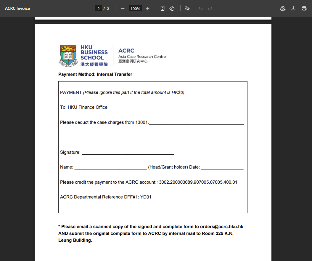 A PDF viewer displaying the second page of a sample invoice, featuring a printable form for authorizing an internal transfer payment.